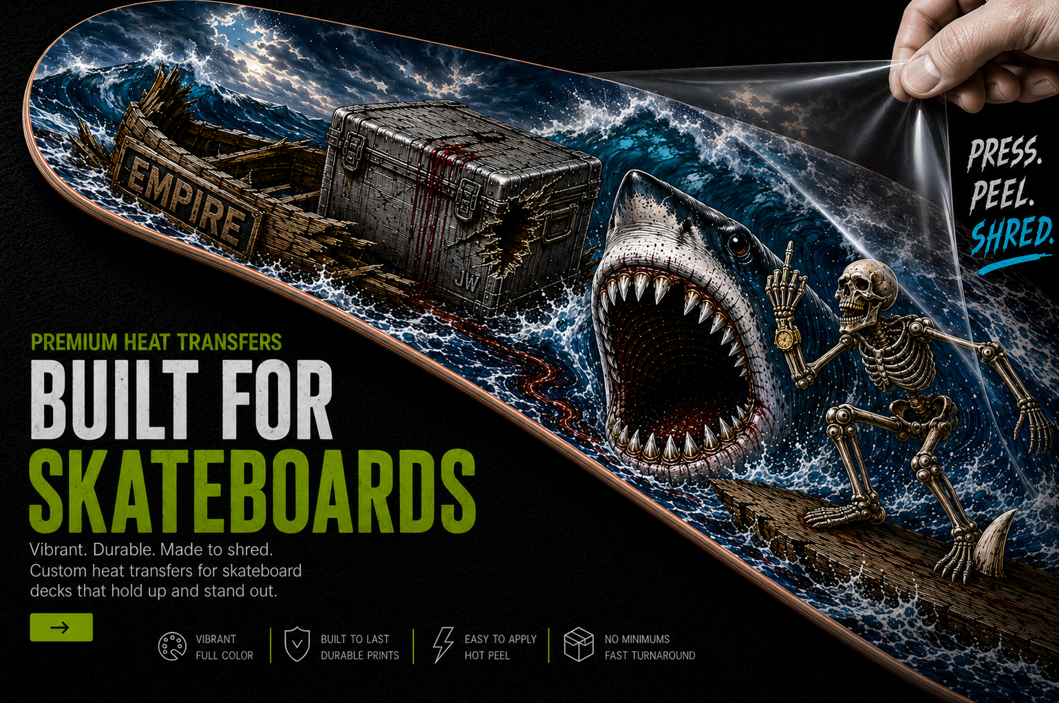 Shark and skeleton surfer skateboard heat transfer artwork